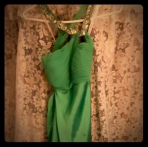 Bright green prom dress.